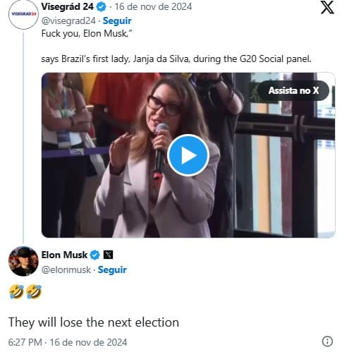 Após Janja dizer “fuck you, Elon Musk”, dono do X rebate: “Eles vão perder a próxima eleição”