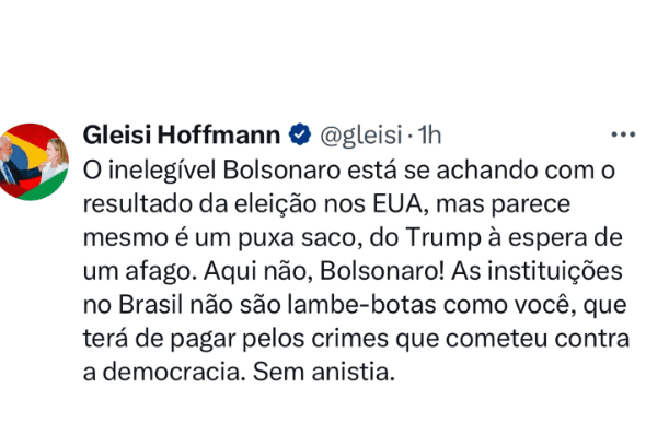 OLHE O RECALQUE…Presidente do PT chama Bolsonaro de "lambe-botas" e diz que ele "está se achando com o resultado da eleição nos EUA"