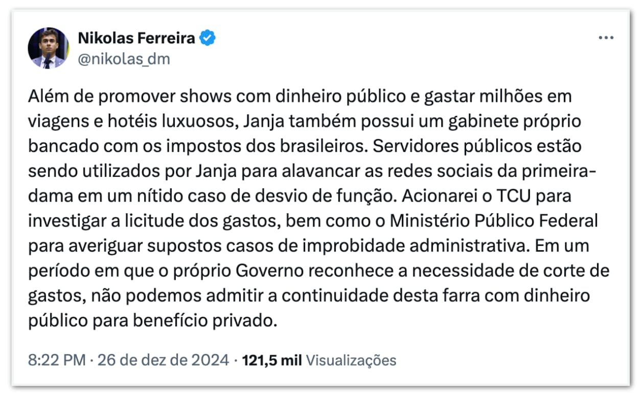 Deputado Nikolas diz que vai ao TCU e ao MPF para investigar gastos de Janja