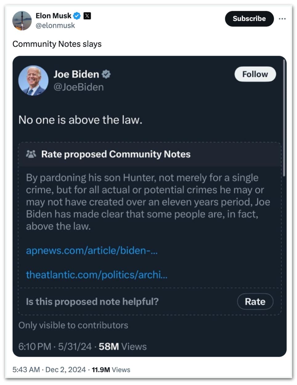 Musk critica Biden por perdão presidencial ao filho