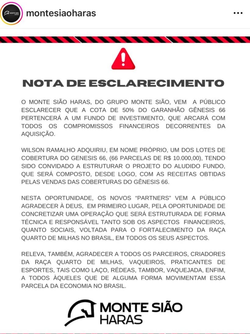Monte Sião Haras emite nota de esclarecimento nesta quarta-feira sobre aquisição do garanhão Gênesis 66