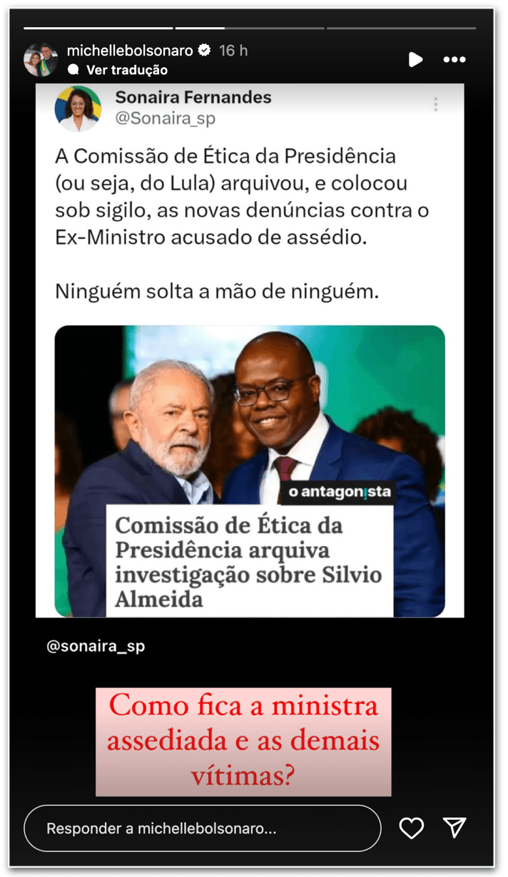 Michelle critica arquivamento de investigação contra Silvio Almeida