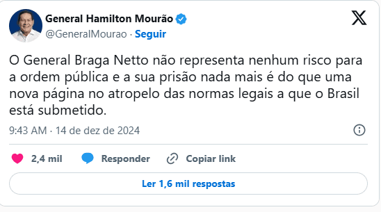 Prisão de Braga Netto é atropelo das normas legais, diz Mourão
