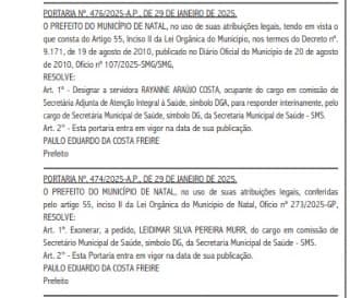 Diário Oficial traz exoneração a pedido da secretária de Saúde de Natal