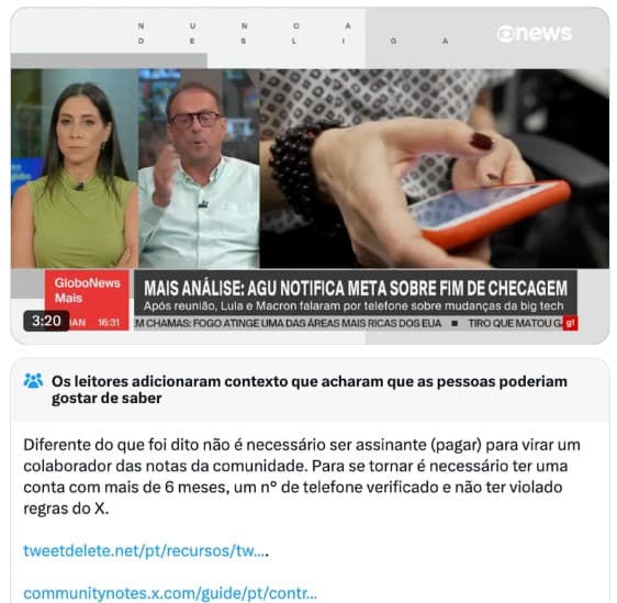 Globo faz fake News sobre X/Twitter, recebe checagem da própria rede social, admite o erro e se retrata