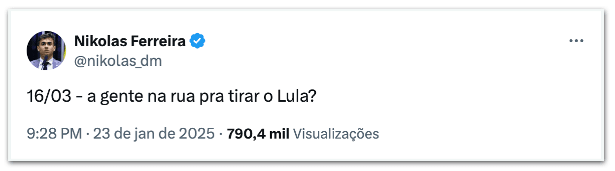 Nikolas Ferreira sugere ato contra Lula em março