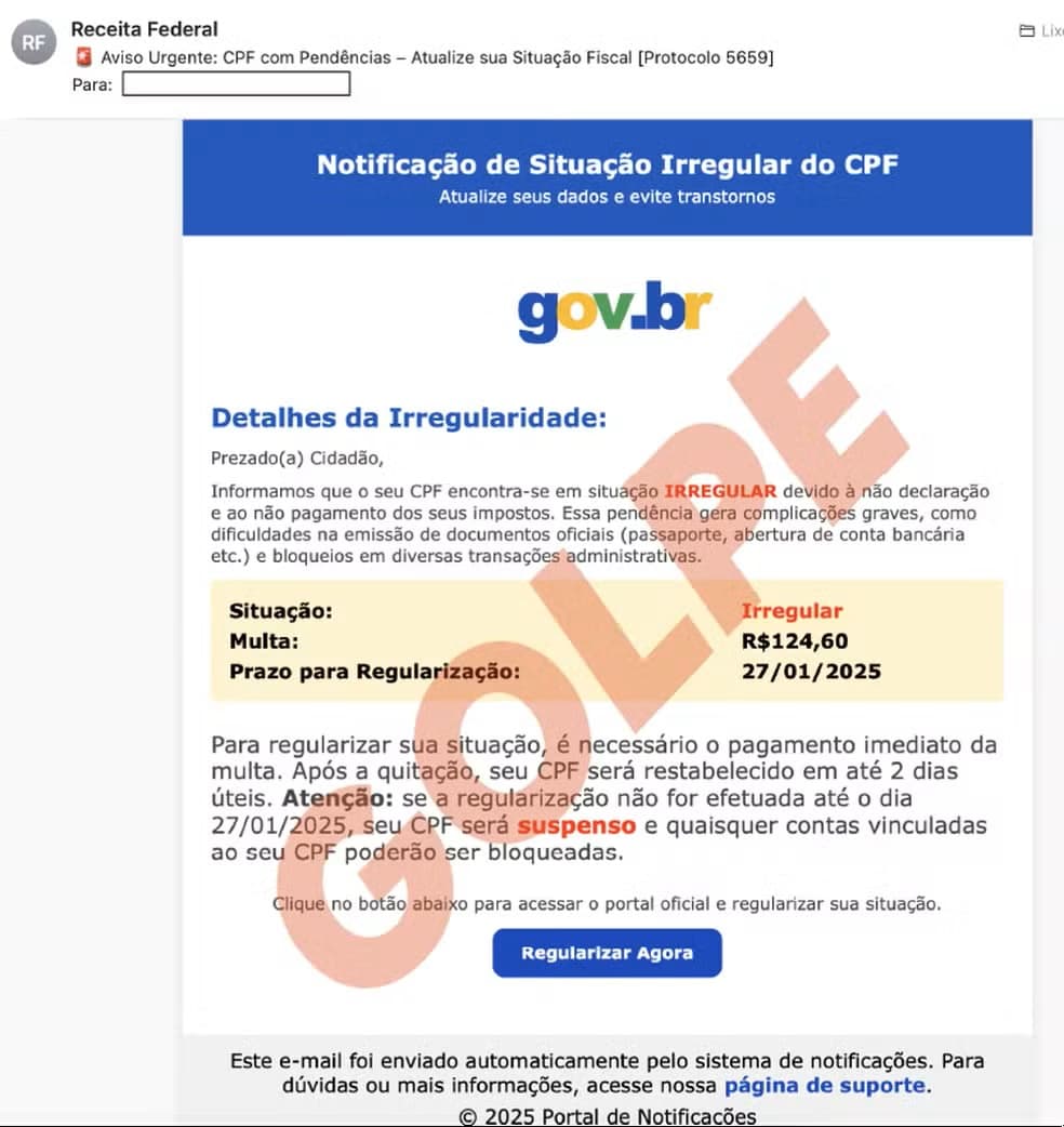 Receita Federal alerta sobre novo golpe com e-mails falsos que ameaçam suspender CPF