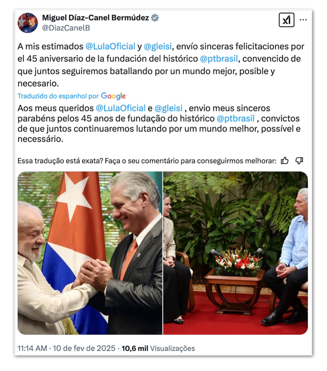 Presidente de Cuba dá os parabéns ao PT pelos 45 anos