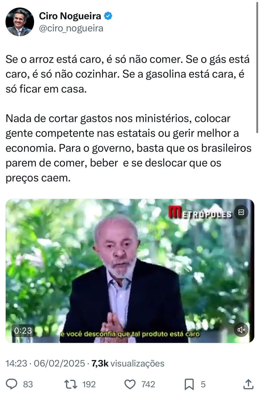 Ciro Nogueira critica fala de Lula sobre alta dos alimentos: "Para o governo, basta que os brasileiros parem de comer e beber que os preços caem"