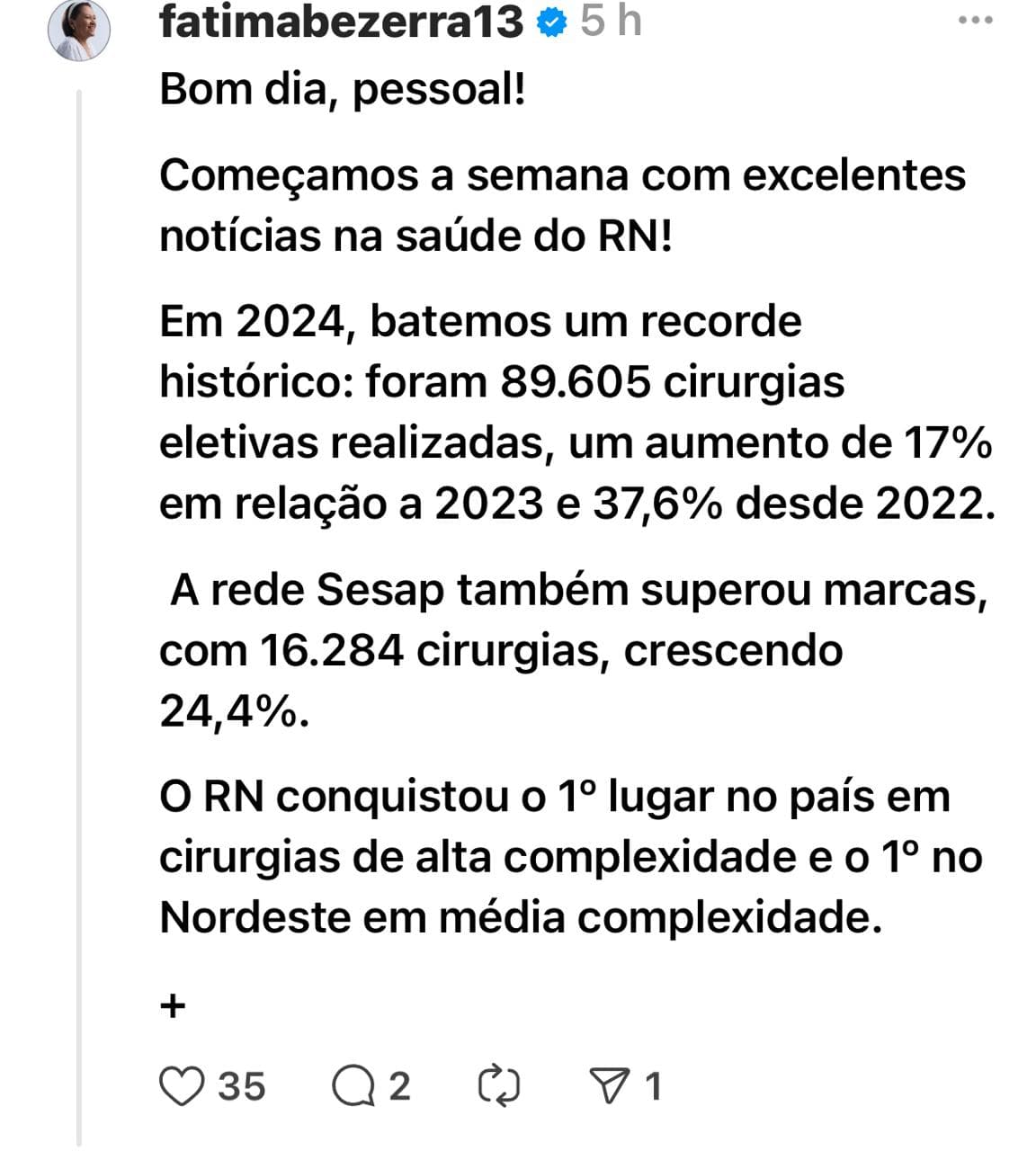 ACREDITE SE QUISER: Fátima comemora números da Saúde de sua gestão