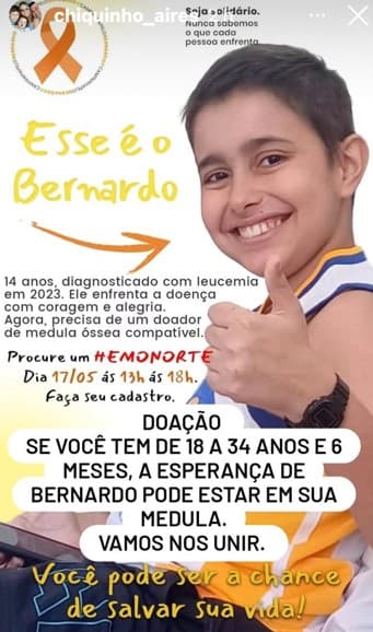 Jovem de 14 anos com leucemia busca doador de medula óssea compatível
