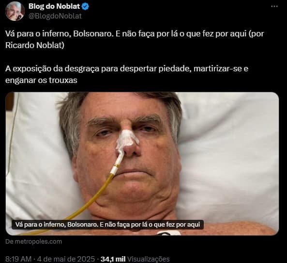 Ricardo Noblat faz postagem mandando Bolsonaro para o inferno, mas depois apaga publicação
