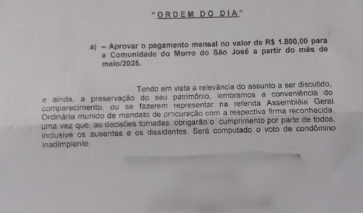 Síndico convoca reunião de condomínio para aprovar “boleto do tráfico”