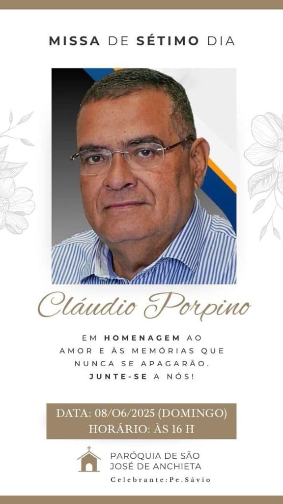 Missa de sétimo dia em memória de Cláudio Porpino será neste domingo (8)