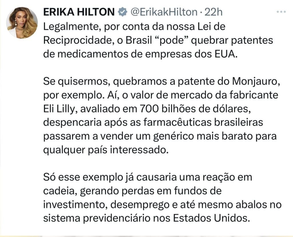 HILÁRIO: Contra tarifaço de Trump, Erika Hilton sugere quebra de patente de Monjauro