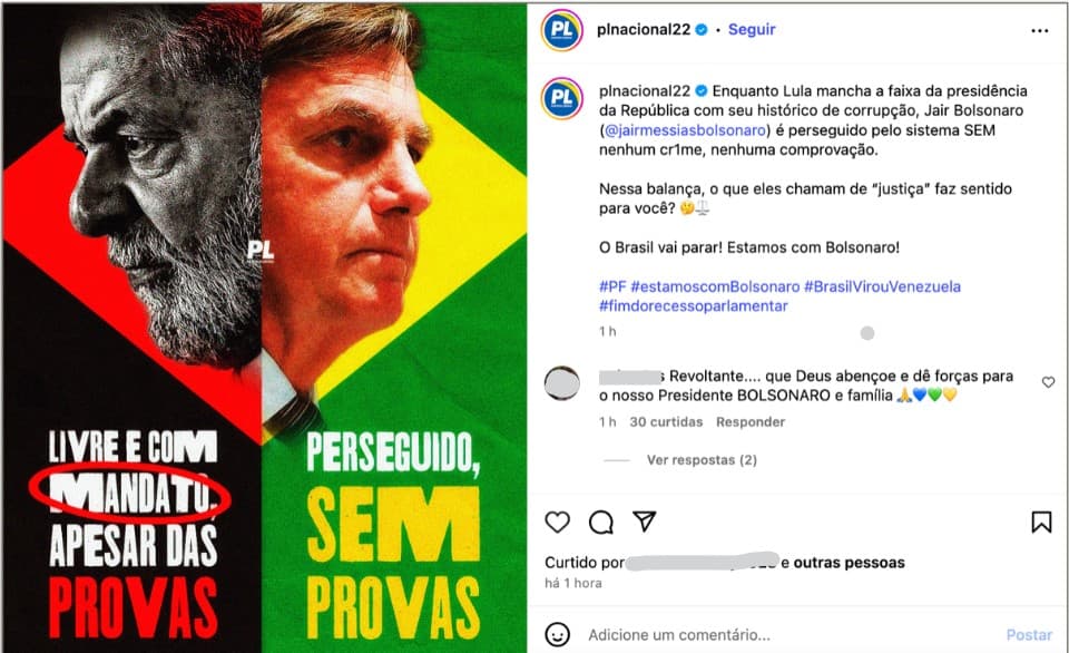 PL prepara ato pró-Bolsonaro e afirma que "o Brasil vai parar"