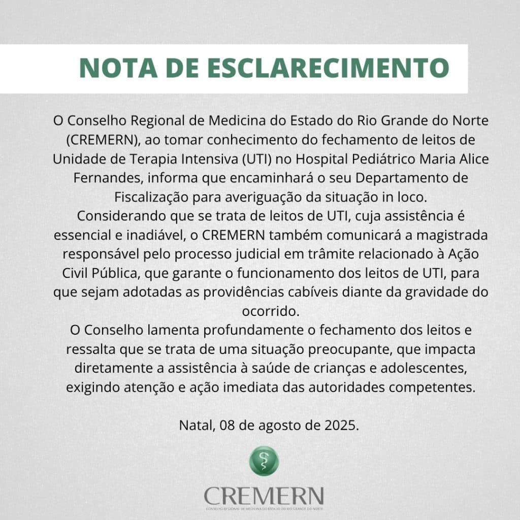 CREMERN vai apurar fechamento de leitos de UTI no Hospital Pediátrico Maria Alice Fernandes
