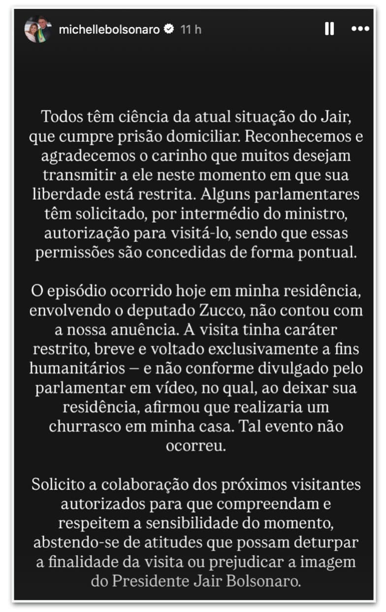 Michelle critica deputado por anunciar churrasco para Bolsonaro