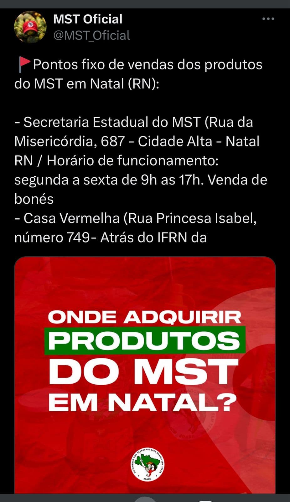 Casa Vermelha também é ponto de vendas de produtos do MST