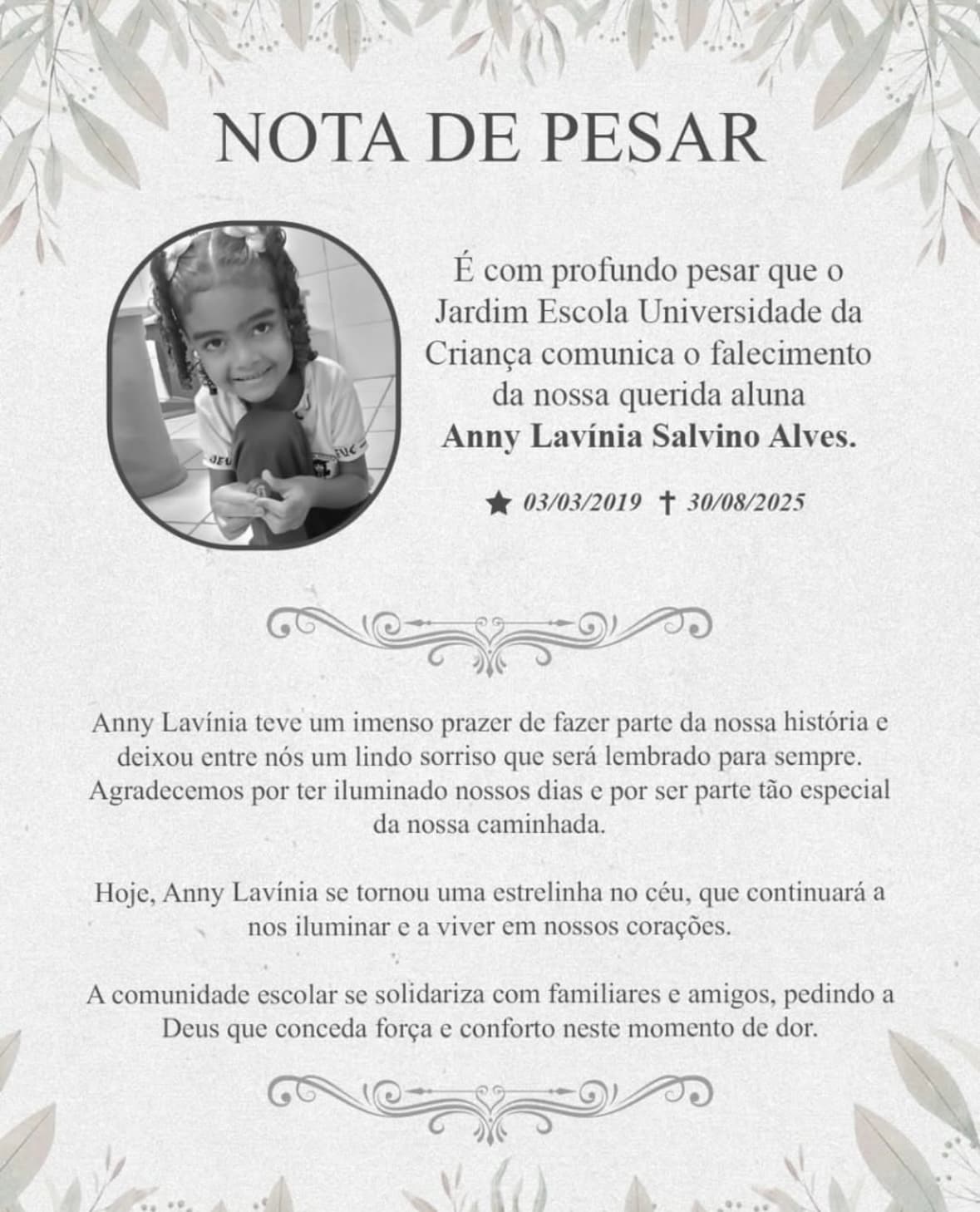 Escola lamenta morte de aluna baleada em atentado ao pai em Natal