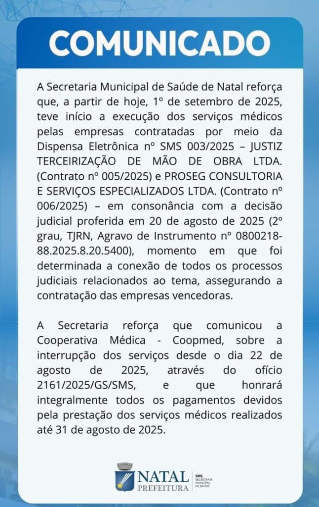 Prefeitura de Natal emite comunicado após encerrar contrato com Coopmed