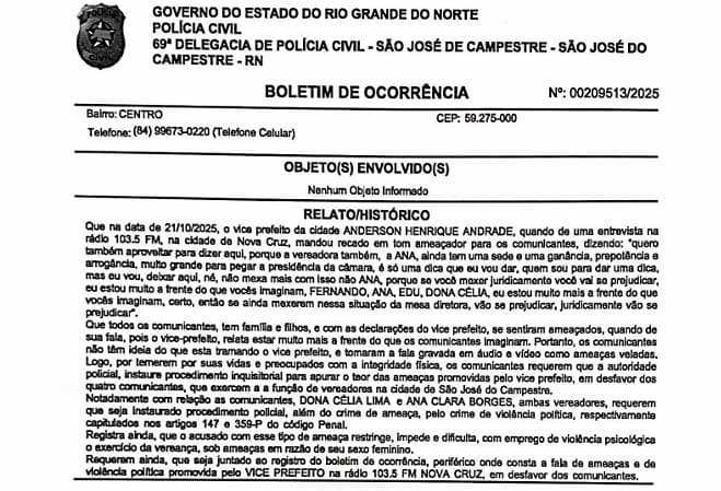 Vereadores de São José do Campestre registram BO contra vice-prefeito por ameaças veladas em rádio