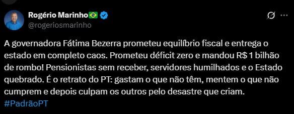 Rogério Marinho dispara contra o governo Fátima: ‘Prometeu déficit zero e mandou R$ 1 bilhão de rombo'