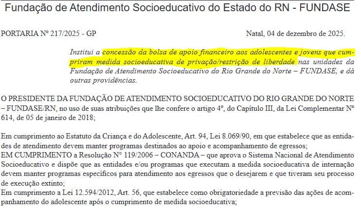 Jovens infratores do RN que cumpriram medida socioeducativa podem receber bolsa de até R$ 6 mil reais da FUNDASE