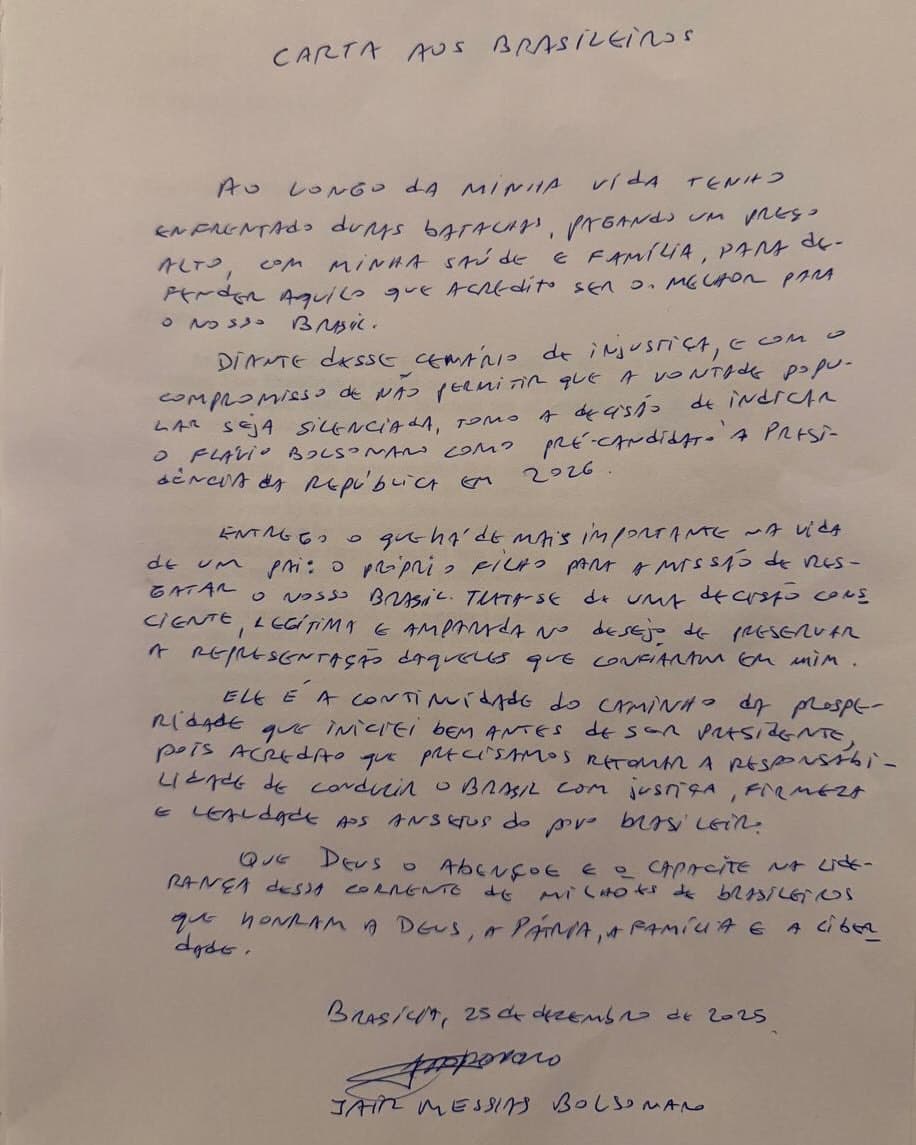 Jair Bolsonaro confirma pré-candidatura de Flávio em carta aos brasileiros antes de cirurgia; leia a íntegra