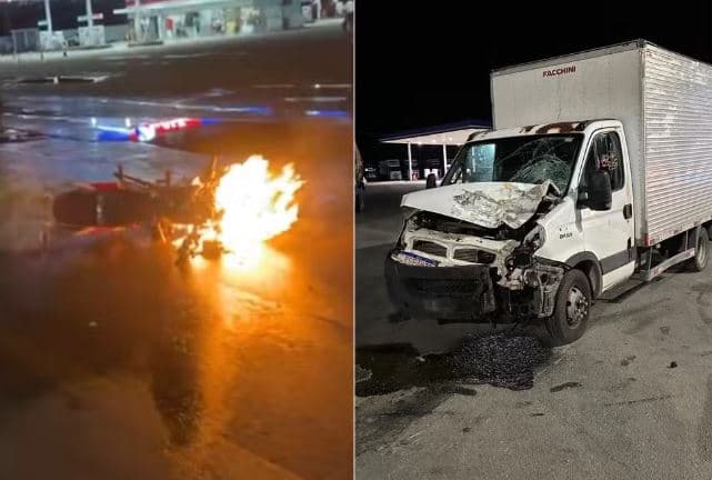 VÍDEO: Idoso morre após moto que pilotava colidir de frente com caminhão-baú e pegar fogo, na entrada de Upanema