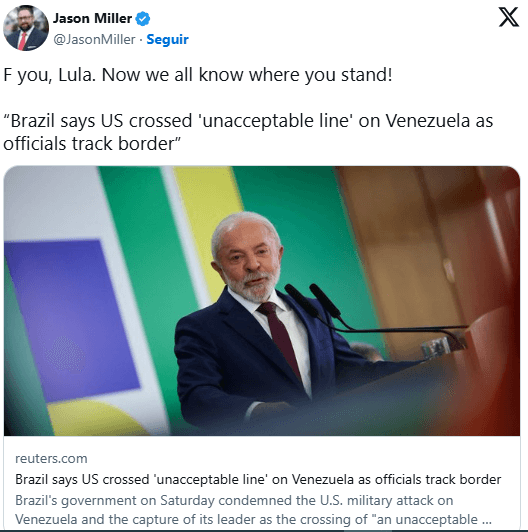 “Fuck you, Lula”, diz conselheiro de Trump após crítica à ação dos EUA na Venezuela