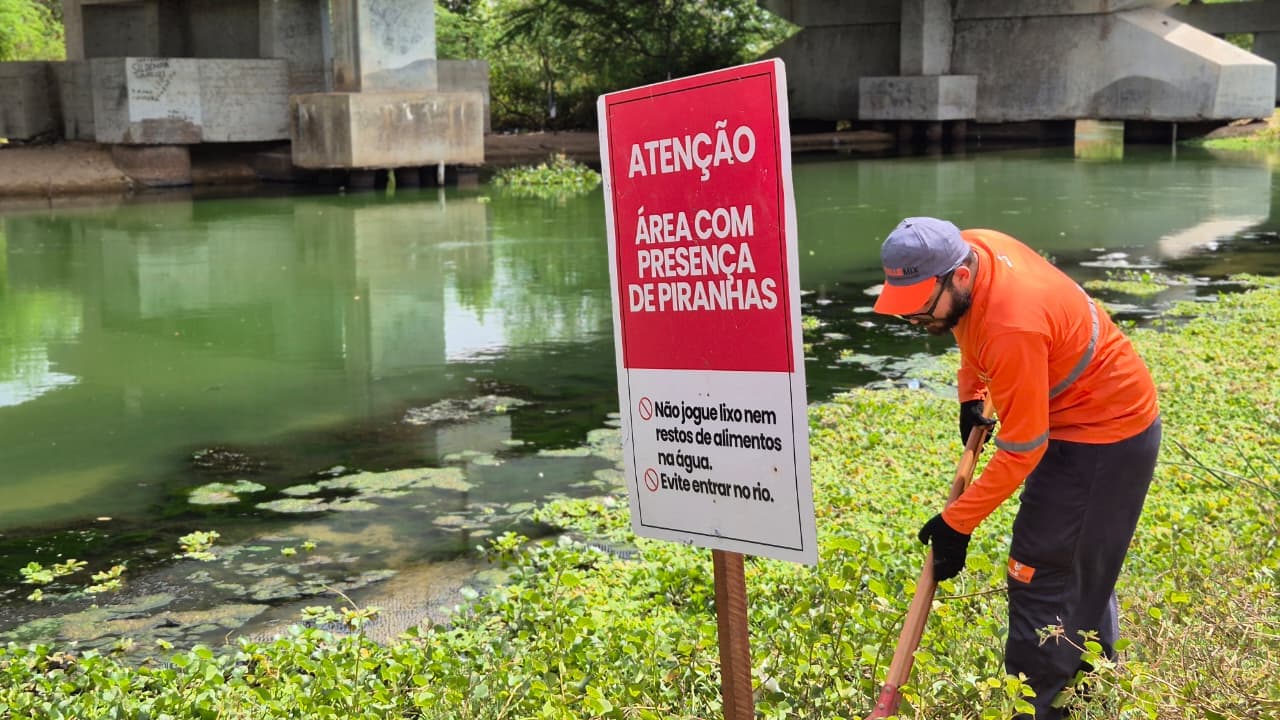 Prefeitura instala placas de alerta em prevenção a ataques de piranhas no Rio Açu.