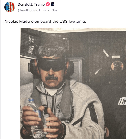 Trump publica foto de Maduro dentro de navio militar dos EUA após captura