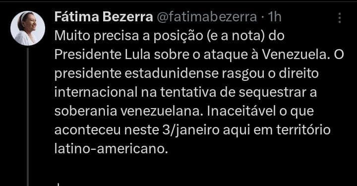 Fátima elogia nota de Lula sobre situação da Venezuela e diz que Trump "rasgou o direito internacional"