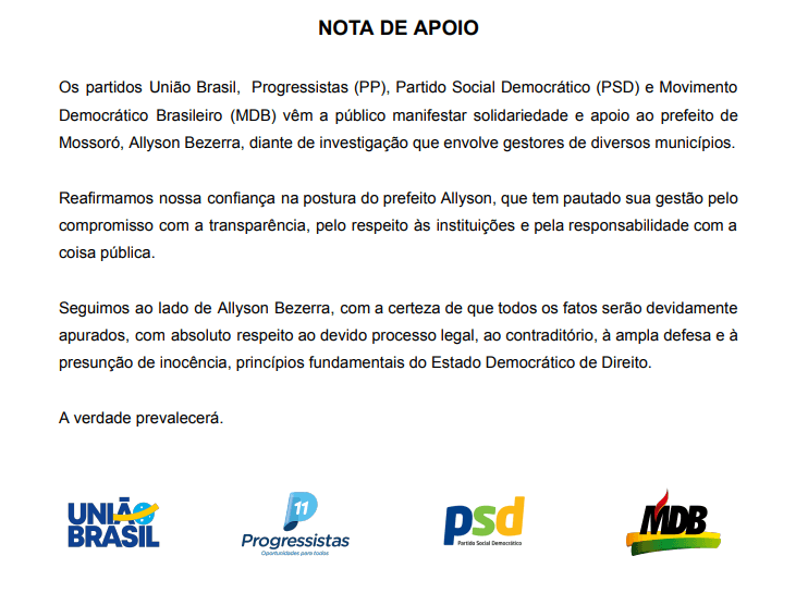 União Brasil, PP, PSD e MDB emitem nota em apoio a Allyson Bezerra