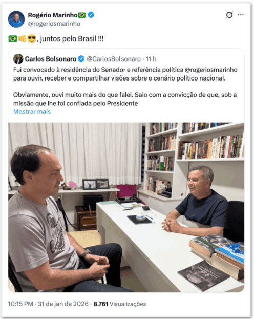 Rogério Marinho recebe Carlos Bolsonaro para discutir cenário político nacional