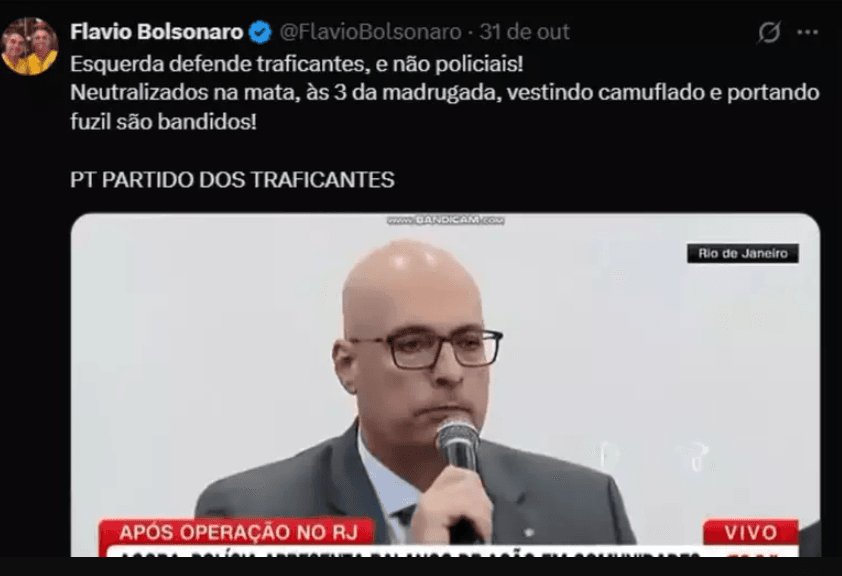 Justiça derruba suspensão do post de Flávio Bolsonaro sobre “Partidos dos Traficantes”