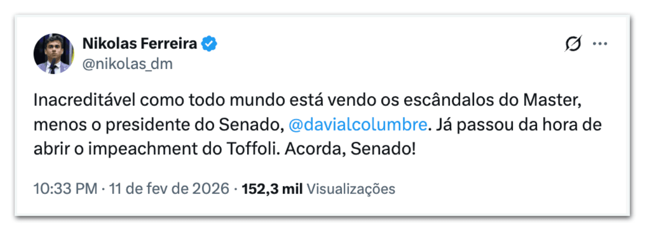 Nikolas crítica Alcolumbre e pede impeachment de Toffoli