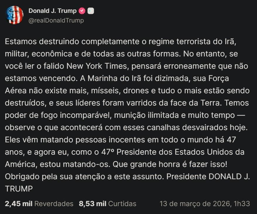 Trump afirma que os EUA estão "destruindo totalmente" o regime do Irã