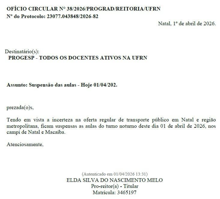 UFRN suspende aulas devido à insegurança