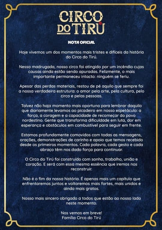 “Momento mais triste”: Circo do Tirú fala após incêndio em Natal