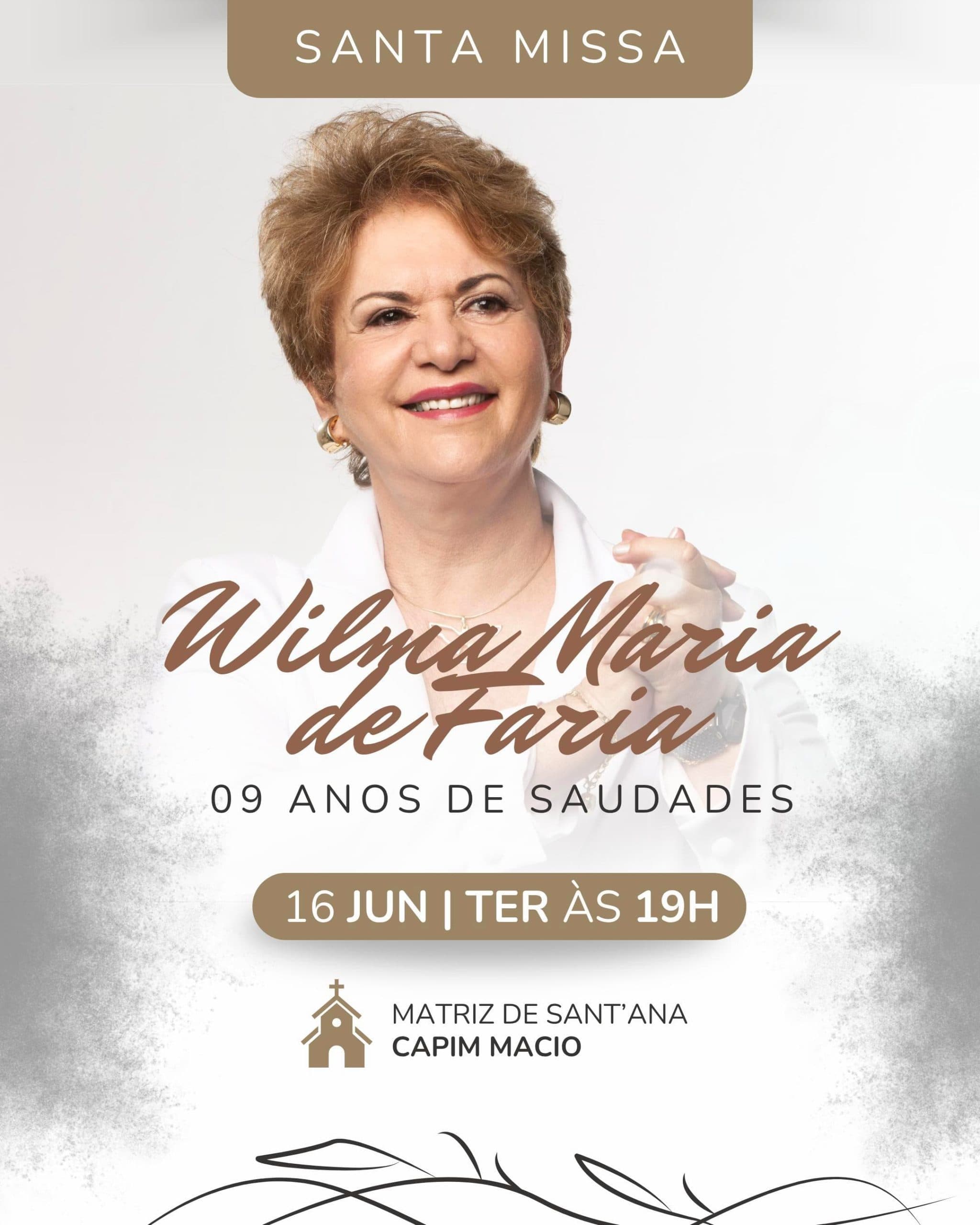 Missa em memória de Wilma de Faria marcará nove anos de sua partida
