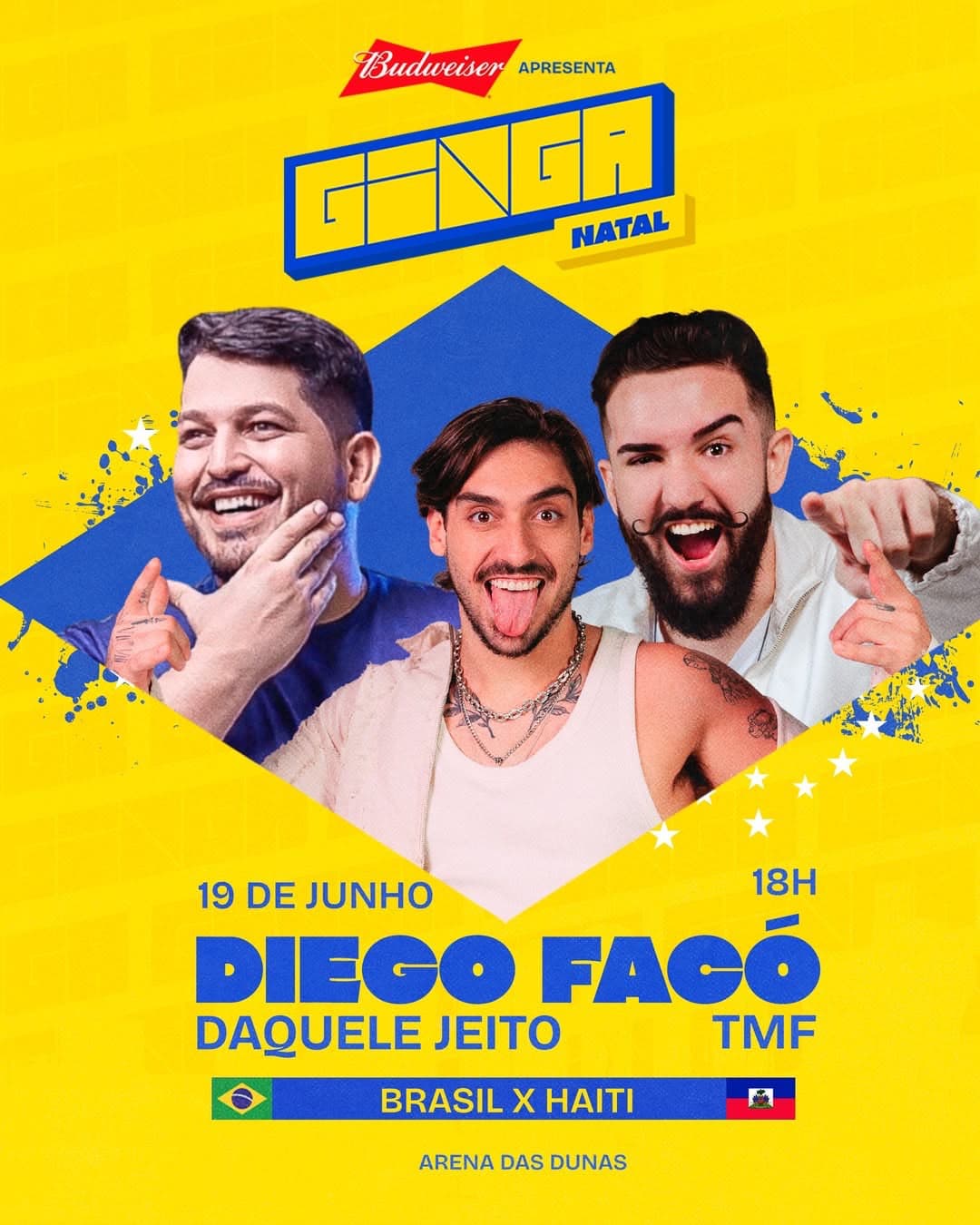 Após estreia com ingressos esgotados, Ginga Natal recebe torcida para Brasil x Haiti com shows de Diego Facó, Daquele Jeito e TMF