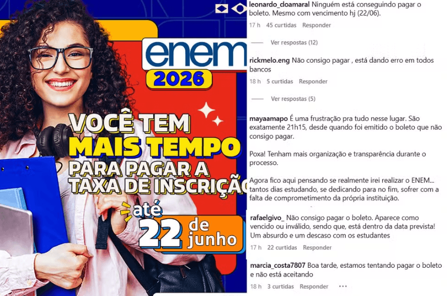 ENEM 2026: pagamento da taxa de inscrição é recusado mesmo dentro do prazo; PIX e boletos aparecem como ‘vencidos' e estudantes reclamam