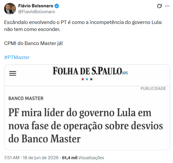 Flávio cobra CPMI do Banco Master após operação da PF contra Jacques Wagner: "Escândalo envolvendo o PT é como a incompetência do governo Lula: não tem como esconder"