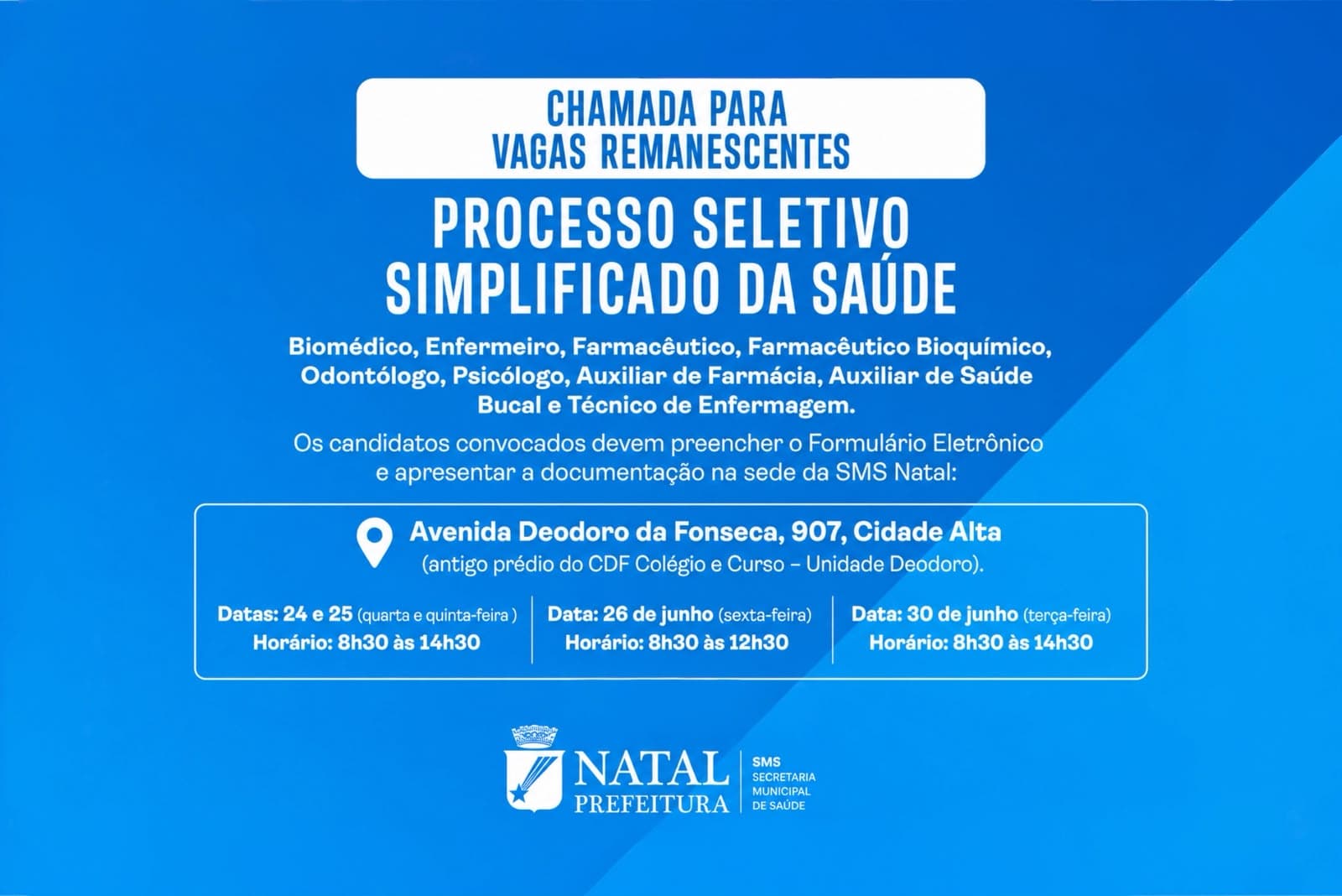 Prefeitura do Natal convoca 257 profissionais para vagas remanescentes do processo seletivo da Saúde