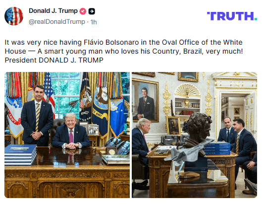 Trump publica foto com Flávio Bolsonaro no Salão Oval da Casa Branca: "Jovem inteligente que ama muito o seu país"