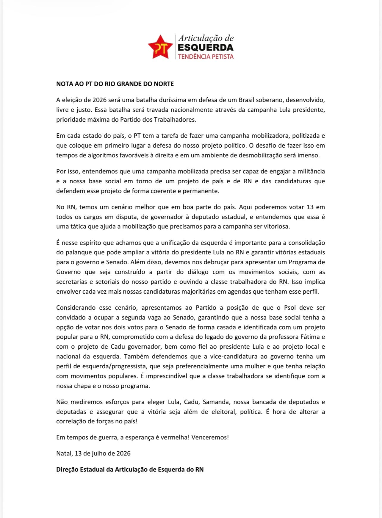 FOGO NO PARQUINHO: Corrente de Natália Bonavides no PT descarta candidatura de Rafael Motta e empareda governadora Fátima