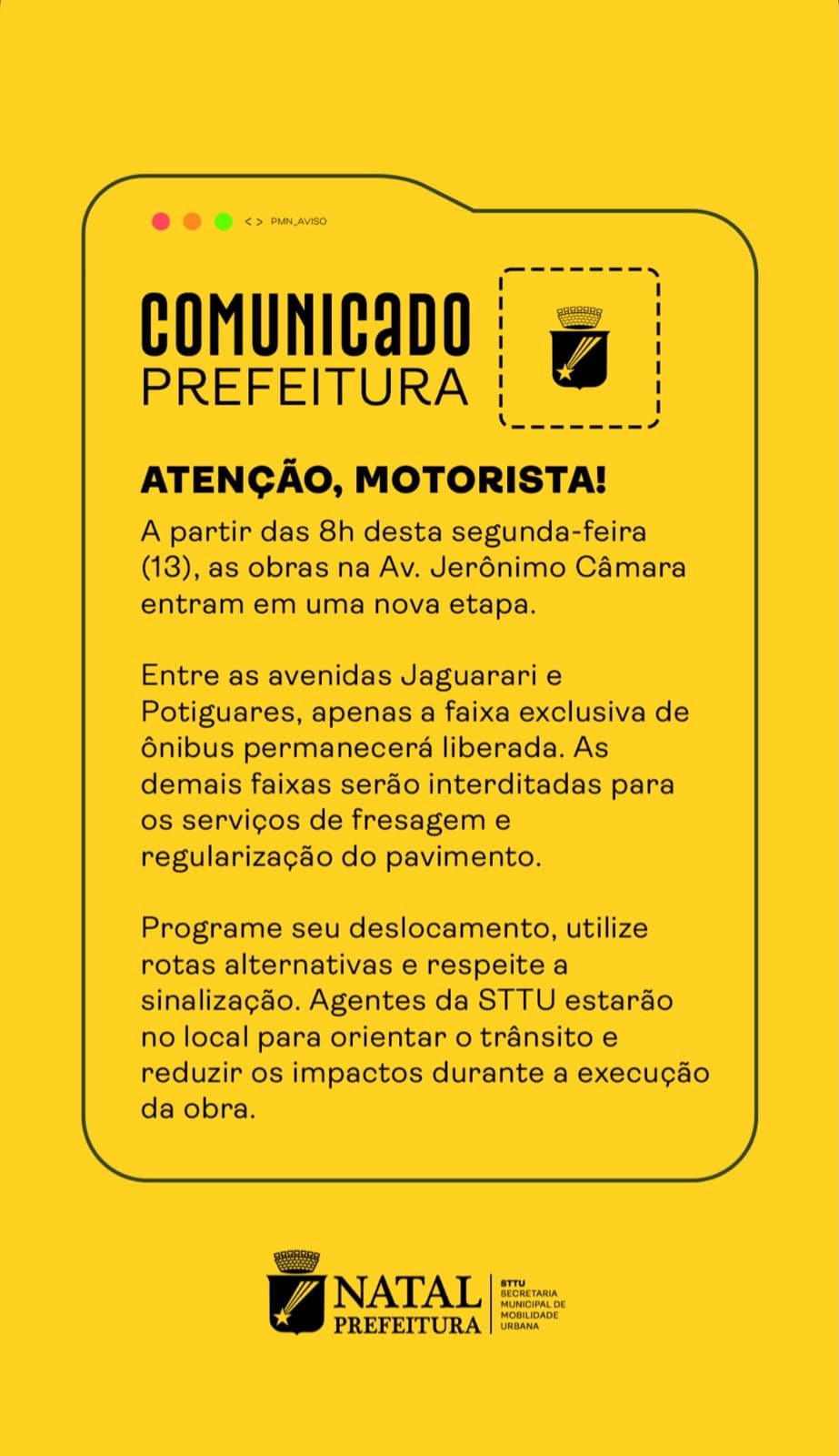 NATAL: Prefeitura retoma obras na Av. Jerônimo Câmara e comunica mudanças no trânsito