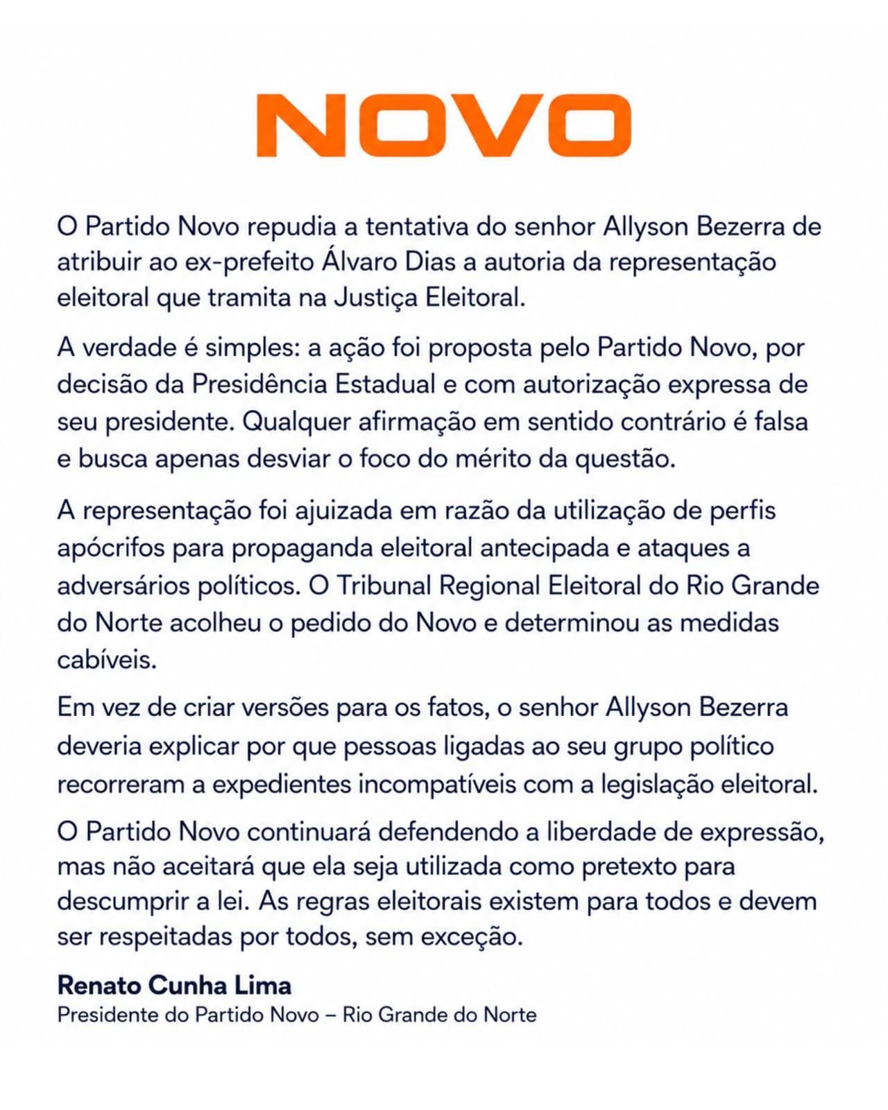 Partido Novo emite nota repudiando fake news de Allyson Bezerra sobre ação contra perfis investigados pelo TRE